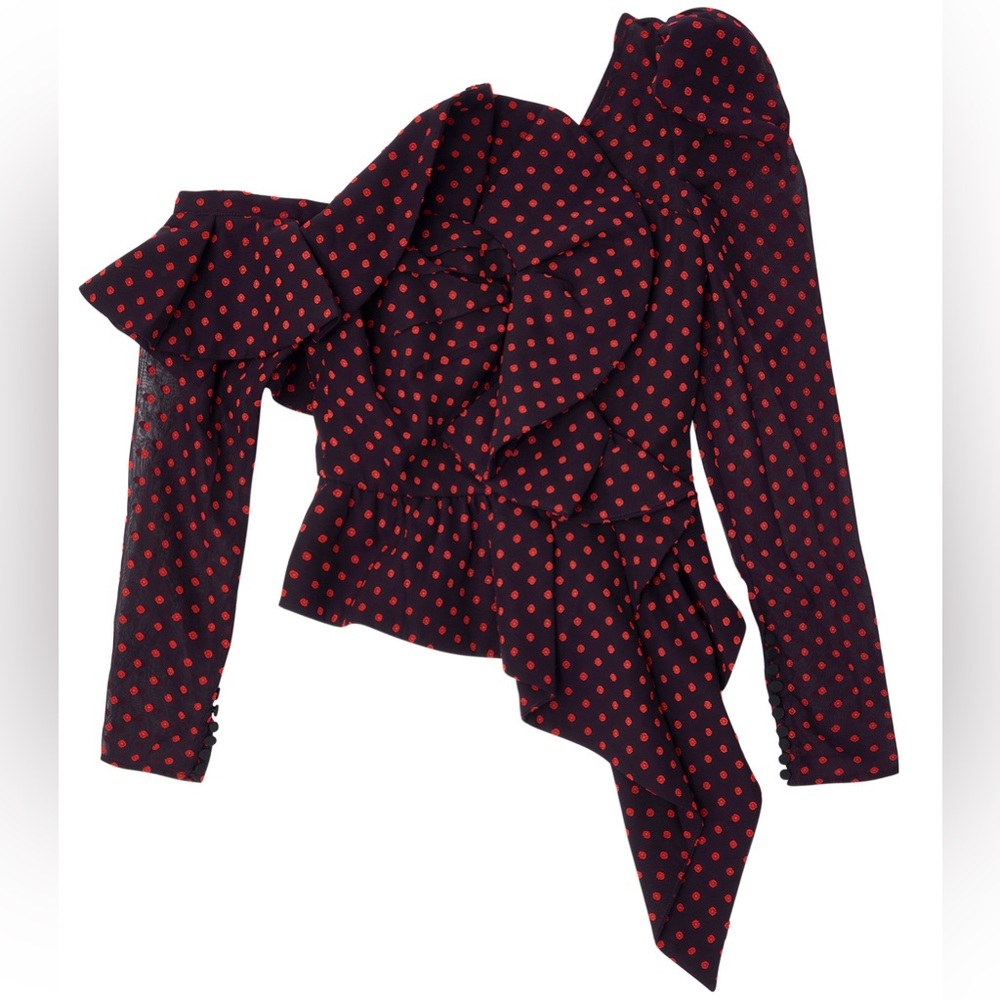 Self Portrait Size 2 Polka Dot Off The Shoulder Asymmetrical Blouse Top Shirt